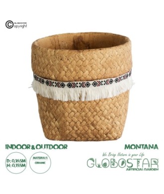 GloboStar® Artificial Garden MONTANA 20504 Διακοσμητικό Κεραμικό Κασπώ Γλάστρα - Flower Pot Καφέ με Λευκή Υφασμάτινη Κορδέλα και Μαύρες - Κόκκινες Λεπτομέρειες Φ16.5 x Υ15.5cm
